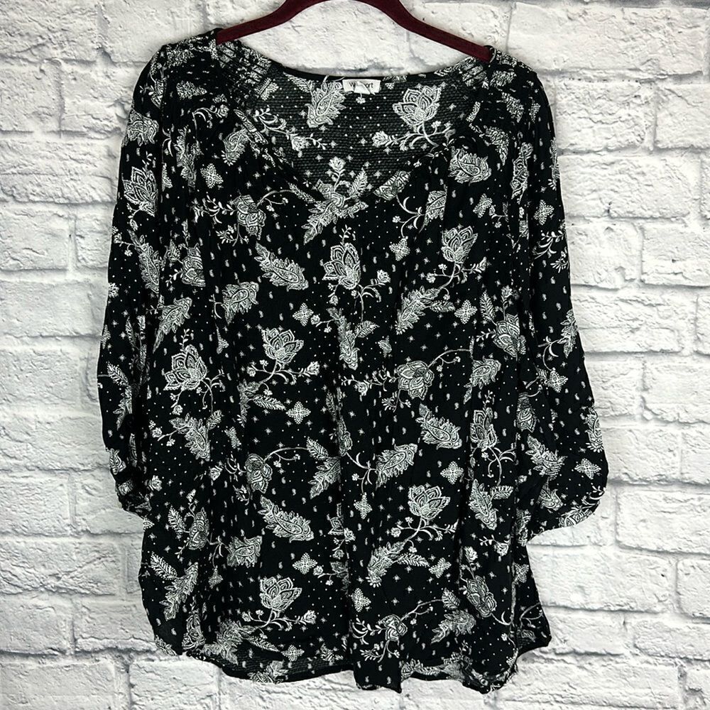 Westport Black Floral Paisley Puff Sleeve Top Womens Size 2X